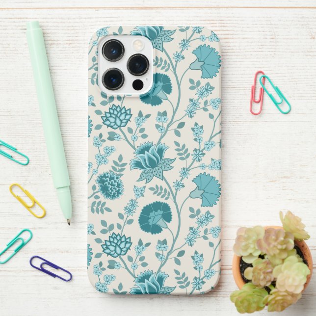 Jacobean Floral Big Pattern Teals on Cream iPhone Case (On Desk)