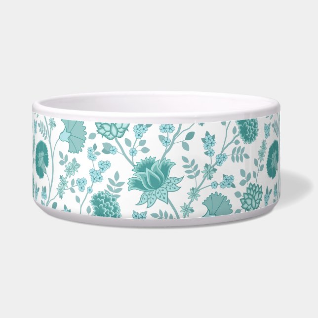 Jacobean Floral Big Pattern Teals on White Bowl (Front)