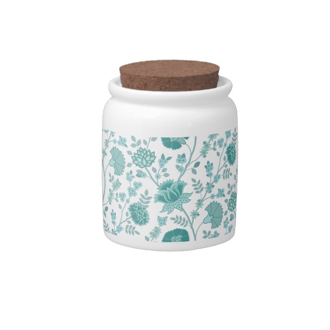 Jacobean Floral Big Pattern Teals on White Candy Jar (Front)