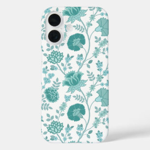 Jacobean Floral Big Pattern Teals on White iPhone 16 Case