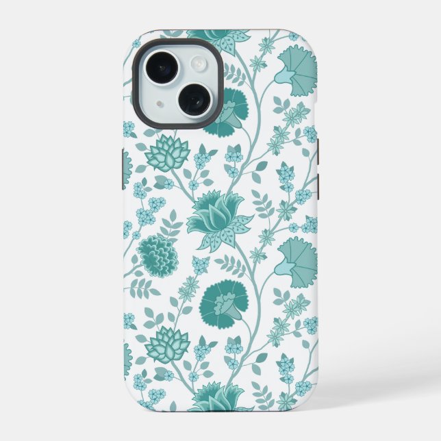 Jacobean Floral Big Pattern Teals on White iPhone 15 Case (Back)