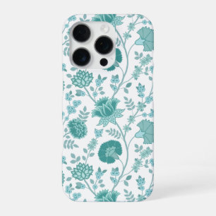 Jacobean Floral Big Pattern Teals on White iPhone 16 Pro Case