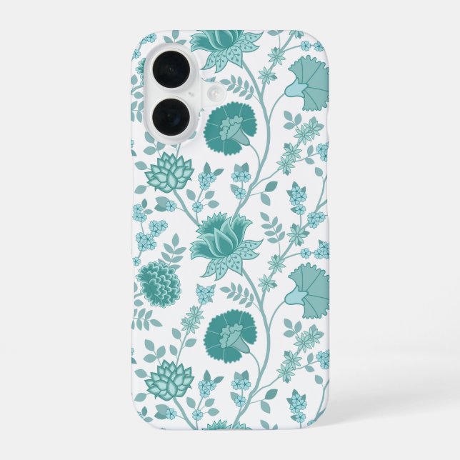 Jacobean Floral Big Pattern Teals on White iPhone Case (Back)