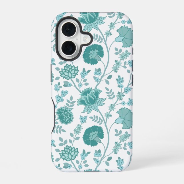Jacobean Floral Big Pattern Teals on White iPhone Case (Back)
