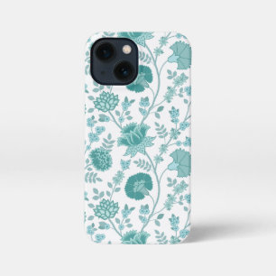 Jacobean Floral Big Pattern Teals on White iPhone 13 Mini Case