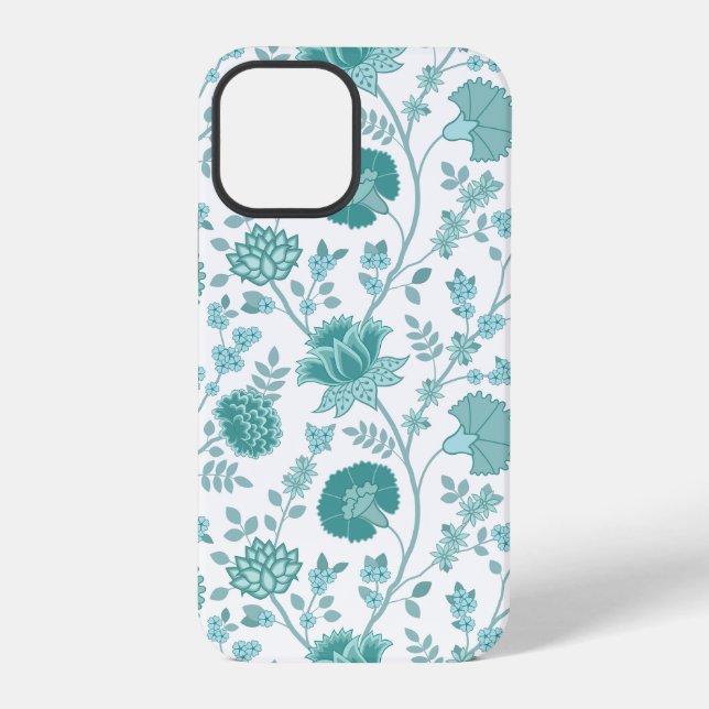 Jacobean Floral Big Pattern Teals on White iPhone Case (Back)