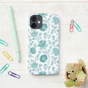Jacobean Floral Big Pattern Teals on White iPhone 12 Mini Case