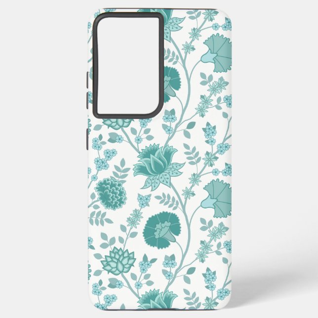 Jacobean Floral Big Pattern Teals on White Samsung Galaxy Case (Back)