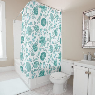 Jacobean Floral Big Pattern Teals on White Shower Curtain