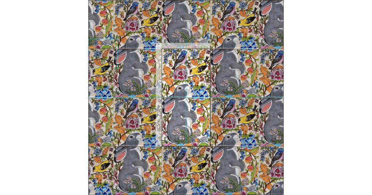 Jacobean Floral Bunny Rabbit Birds Designer Fabric | Zazzle