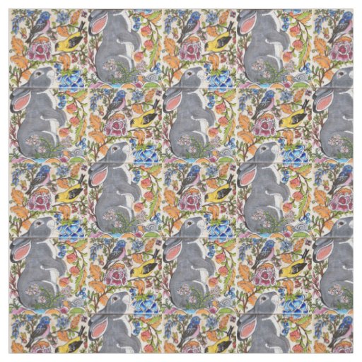 Jacobean Floral Bunny Rabbit Birds Designer Fabric