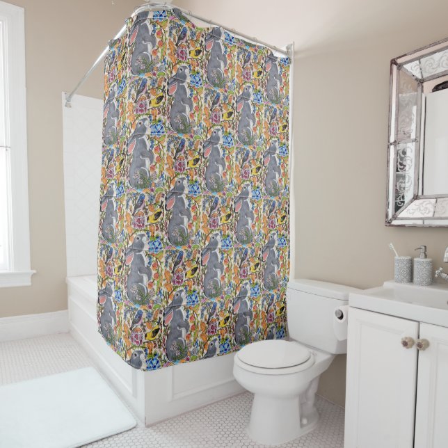 Jacobean Floral Bunny Rabbit  Birds Shower Curtain (In Situ)