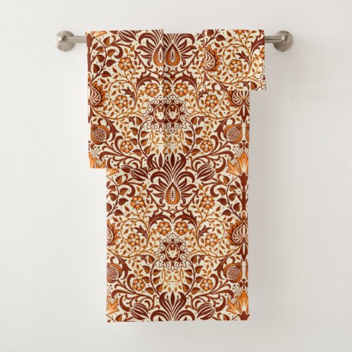 Jacobean Floral Damask Beige and Chocolate Brown Bath Towel Set