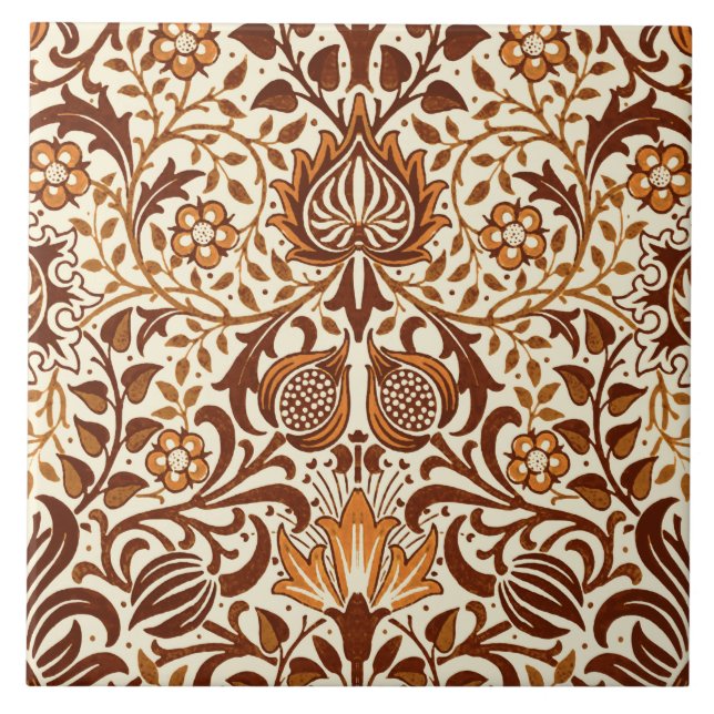 Jacobean Floral Damask, Beige and Chocolate Brown Ceramic Tile (Front)
