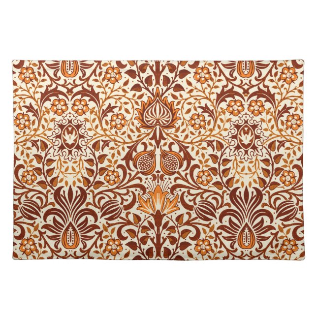 Jacobean Floral Damask, Beige and Chocolate Brown Cloth Placemat (Front)