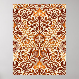 Jacobean Floral Damask, Beige and Chocolate Brown Poster