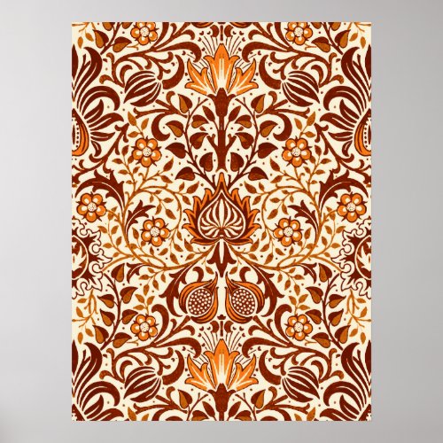 Jacobean Floral Damask Beige and Chocolate Brown Poster