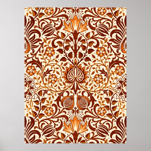Jacobean Floral Damask, Beige and Chocolate Brown Poster (Front)