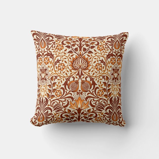Jacobean Floral Damask, Beige and Chocolate Brown Throw Pillow (Front)