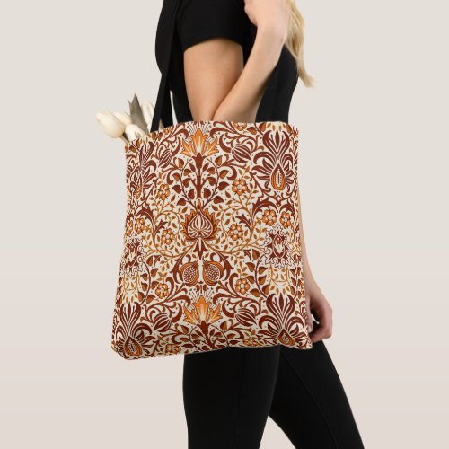 Jacobean Floral Damask Beige and Chocolate Brown Tote Bag