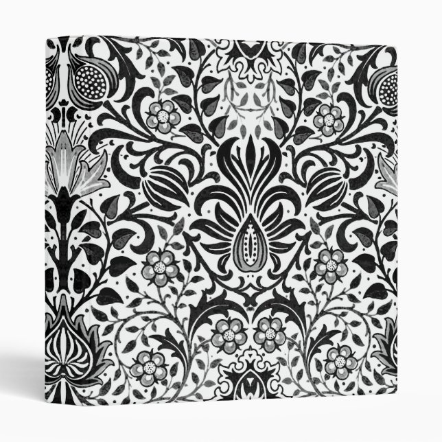 Jacobean Floral Damask, Black, White and Gray 3 Ring Binder (Front/Spine)