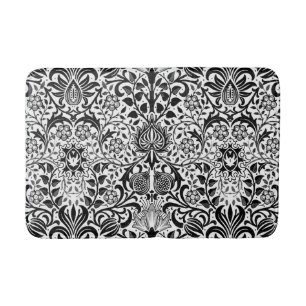 Jacobean Floral Damask, Black, White and Gray Bath Mat