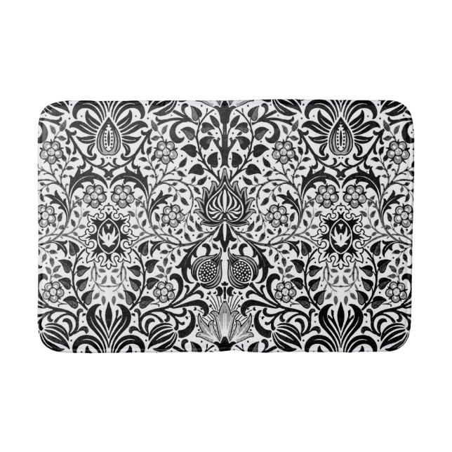 Jacobean Floral Damask, Black, White and Gray  Bath Mat (Front)