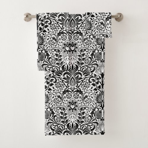Jacobean Floral Damask Black White and Gray  Bath Towel Set