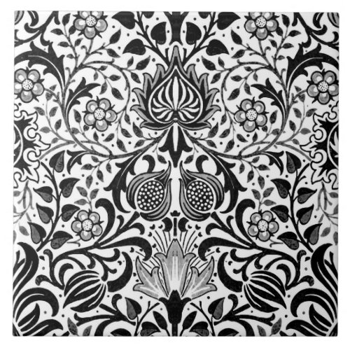 Jacobean Floral Damask Black White and Gray  Ceramic Tile