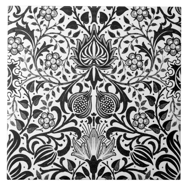 Jacobean Floral Damask, Black, White and Gray  Ceramic Tile (Front)