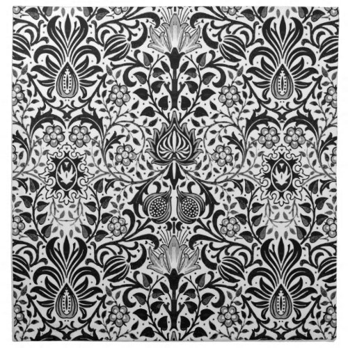 Jacobean Floral Damask Black White and Gray Cloth Napkin