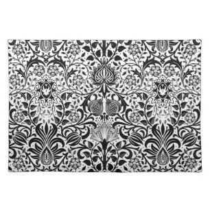 Jacobean Floral Damask, Black, White and Gray Cloth Placemat