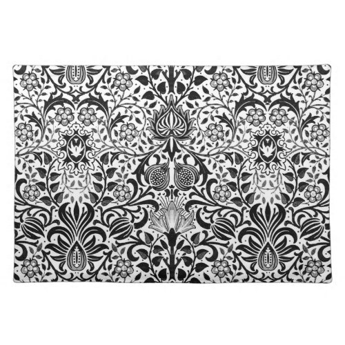 Jacobean Floral Damask Black White and Gray Cloth Placemat
