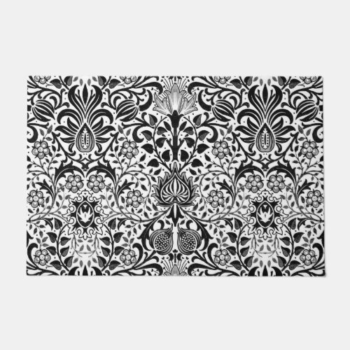 Jacobean Floral Damask Black White and Gray  Doormat