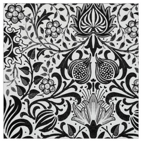 Jacobean Floral Damask Black White and Gray  Fabric