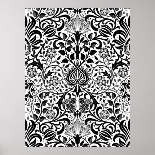 Jacobean Floral Damask Black White and Gray  Pos Poster