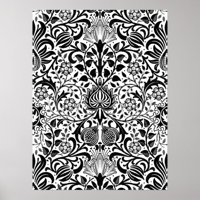 Jacobean Floral Damask, Black, White and Gray  Pos Poster (Front)