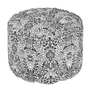 Jacobean Floral Damask, Black, White and Gray  Pouf
