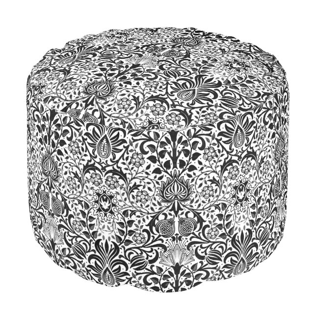 Jacobean Floral Damask, Black, White and Gray  Pouf (Angled Front)