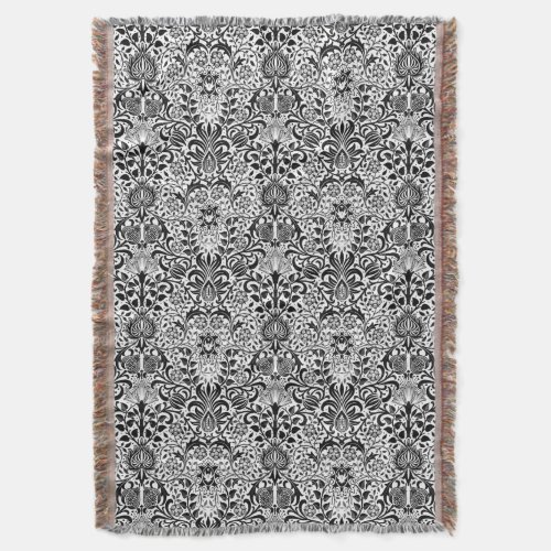 Jacobean Floral Damask Black White and Gray  Throw Blanket