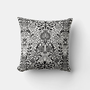 Jacobean Floral Damask, Black, White and Gray Throw Pillow