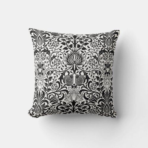 Jacobean Floral Damask Black White and Gray  Throw Pillow