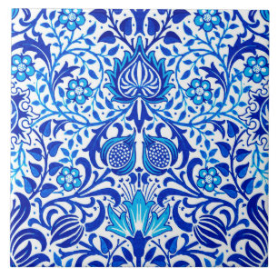 Jacobean Floral Damask, Cobalt Blue and White Ceramic Tile