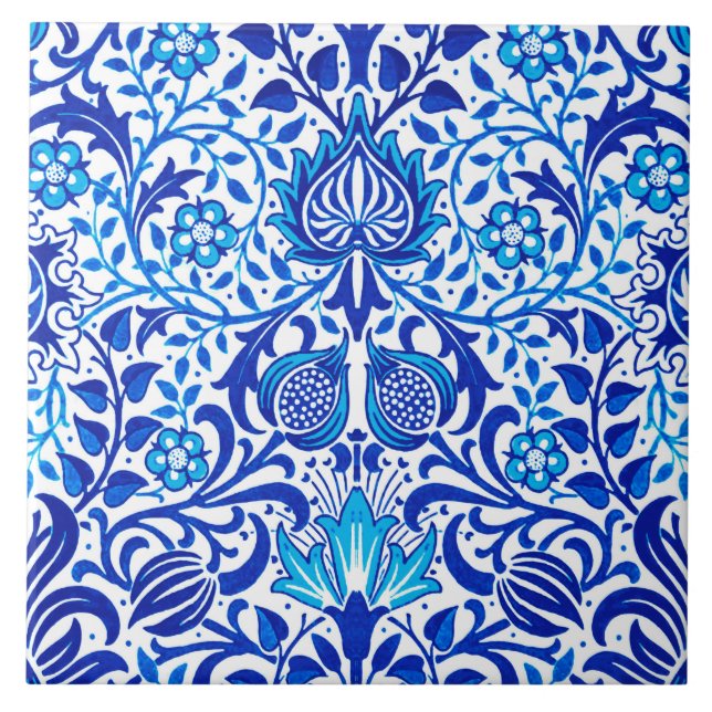 Jacobean Floral Damask, Cobalt Blue and White Ceramic Tile (Front)