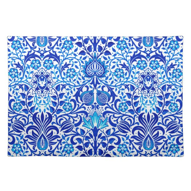 Jacobean Floral Damask, Cobalt Blue and White Cloth Placemat (Front)