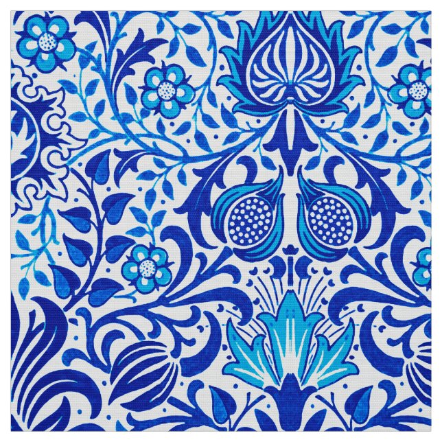 Jacobean Floral Damask, Cobalt Blue and White Fabric (Swatch)