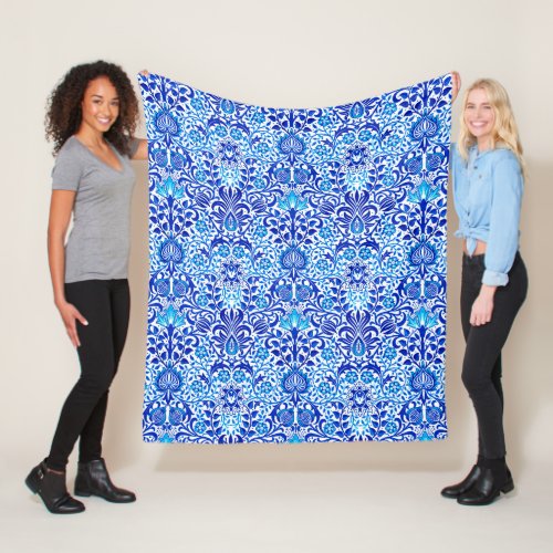 Jacobean Floral Damask Cobalt Blue and White Fleece Blanket