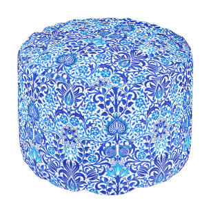 Jacobean Floral Damask, Cobalt Blue and White Pouf