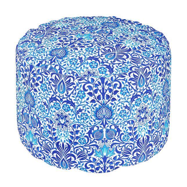 Jacobean Floral Damask, Cobalt Blue and White Pouf (Angled Front)