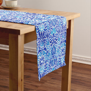 Jacobean Floral Damask, Cobalt Blue and White Short Table Runner